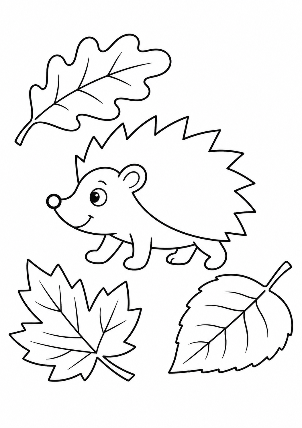 Kleurplaat: egel met herfstbladeren.