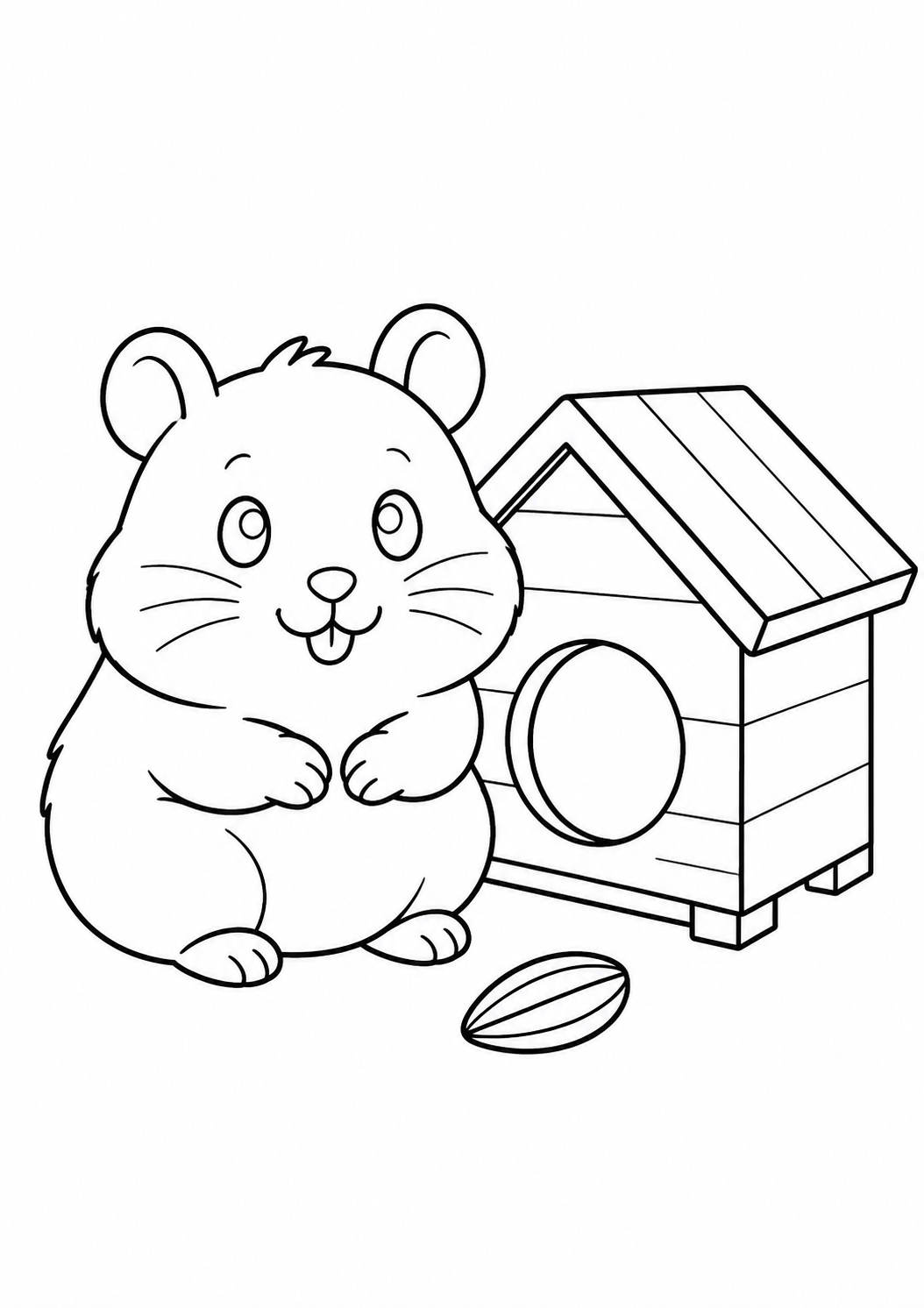 Kleurplaat: hamster bij zijn huisje.