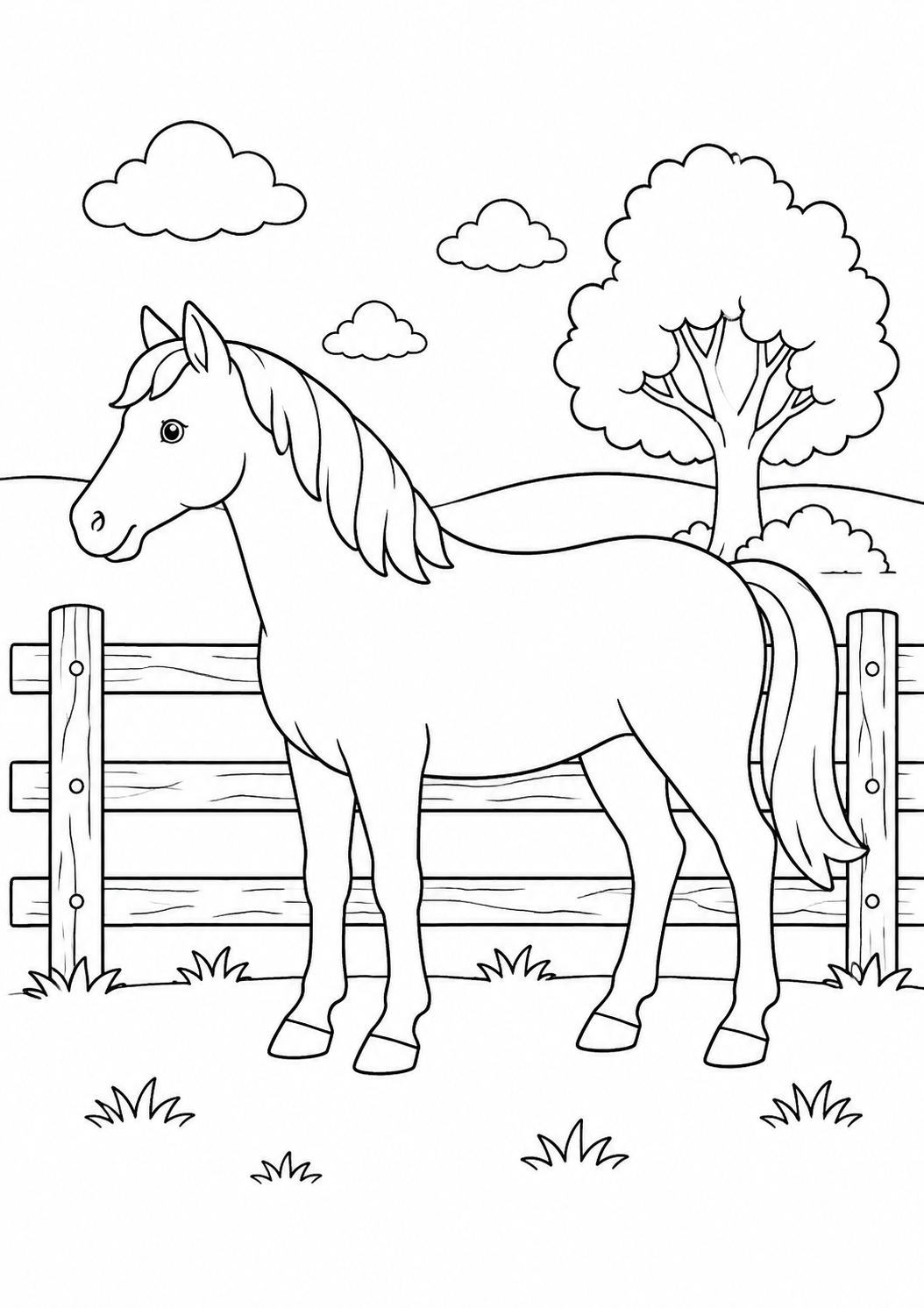 Kleurplaat: paard bij het hek.