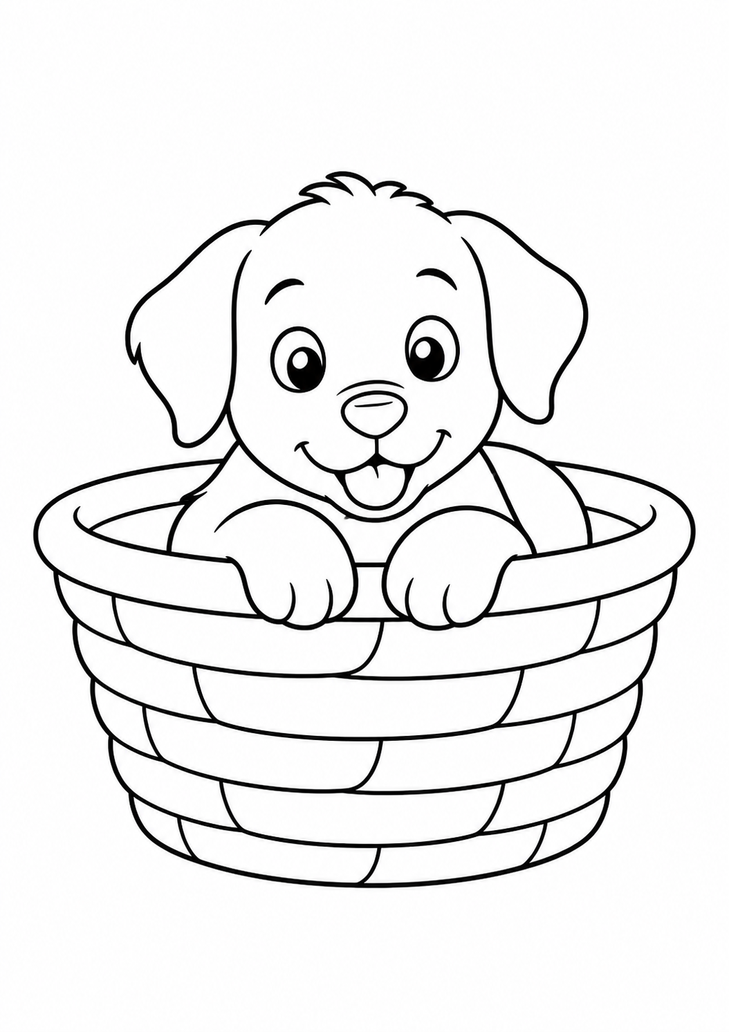 Kleurplaat: puppy in een mand.