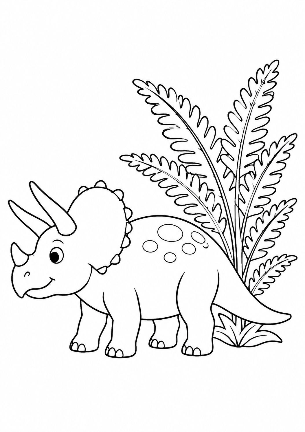 Kleurplaat: triceratops bij een varen.