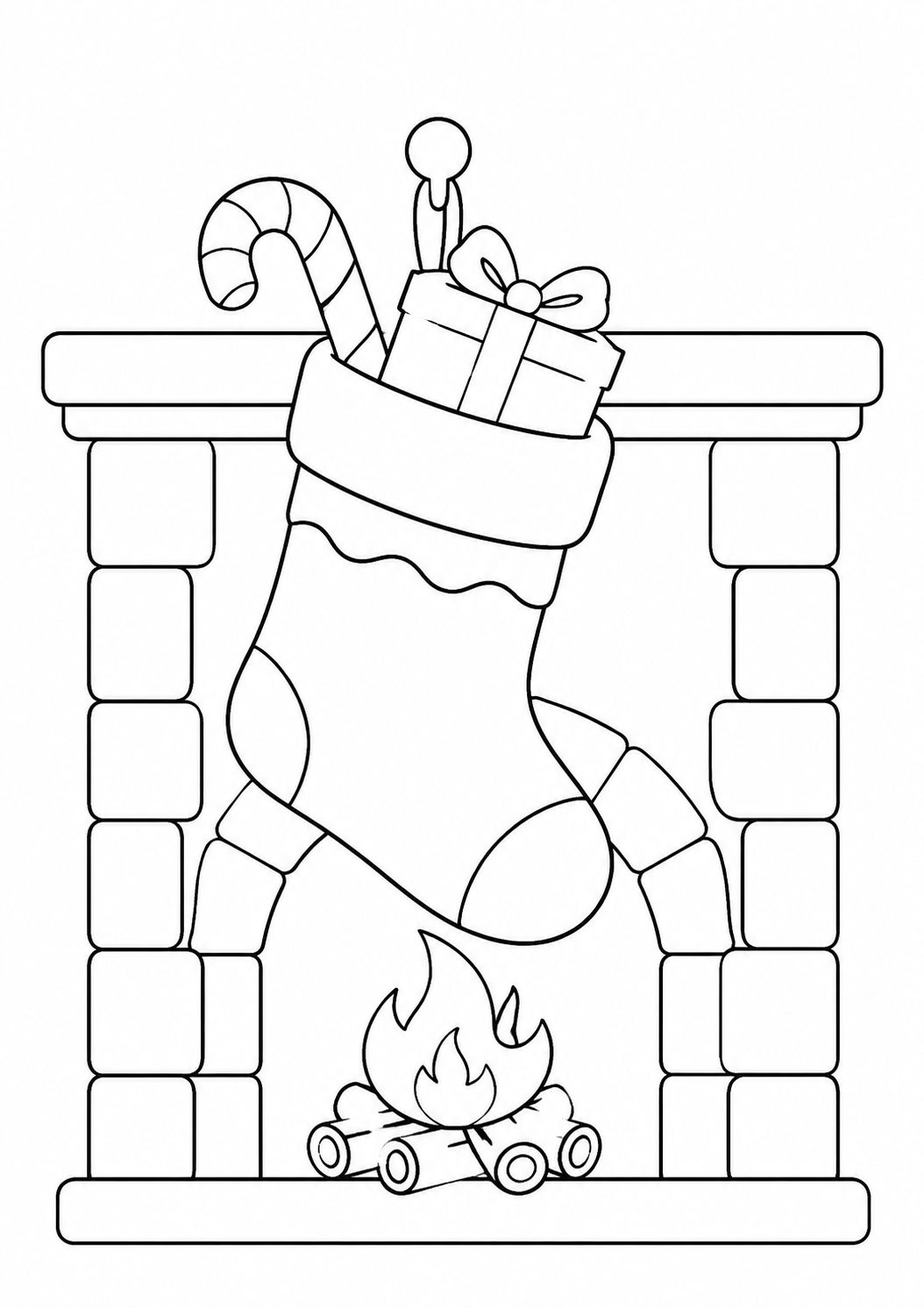 Kleurplaat: kerstsok bij de haard.