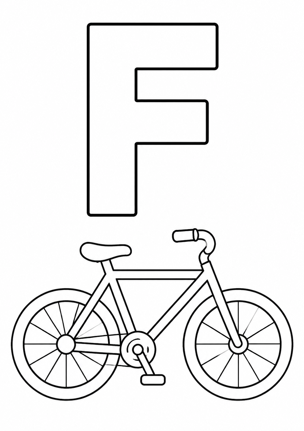 Kleurplaat: de letter F naast een fiets.