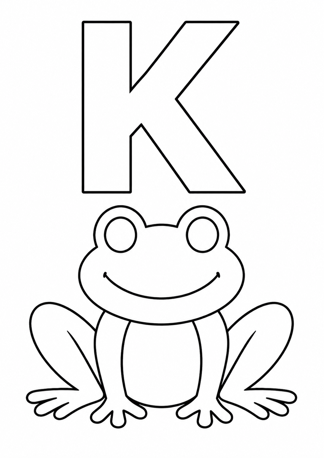 Kleurplaat: de letter K naast een kikker.