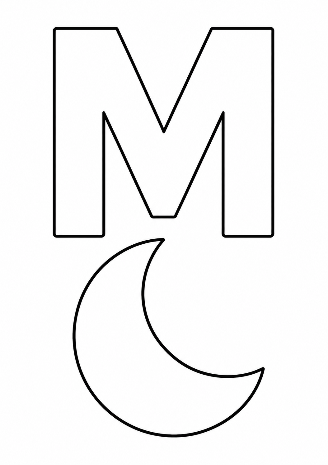 Kleurplaat: de letter M naast een maan.
