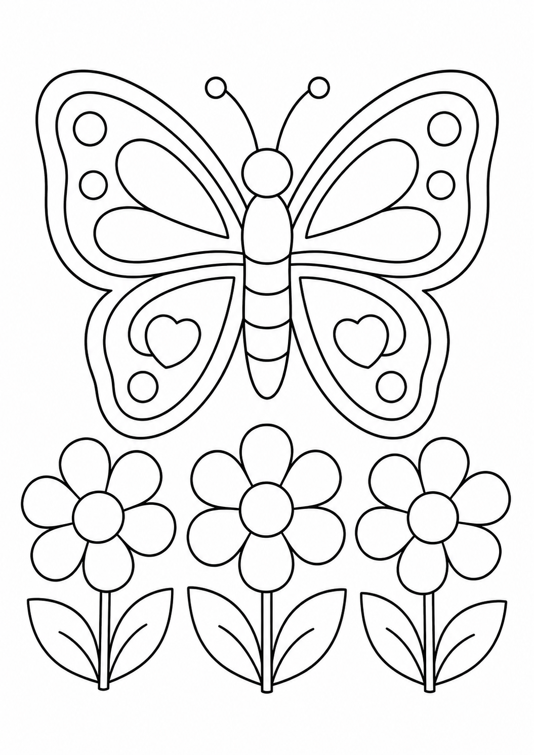 Kleurplaat van een grote vlinder met eenvoudige patronen boven drie bloemen.