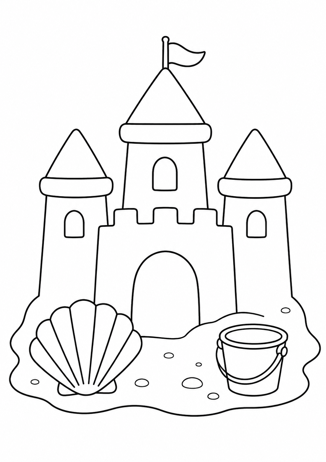 Kleurplaat: zandkasteel met een schelp.