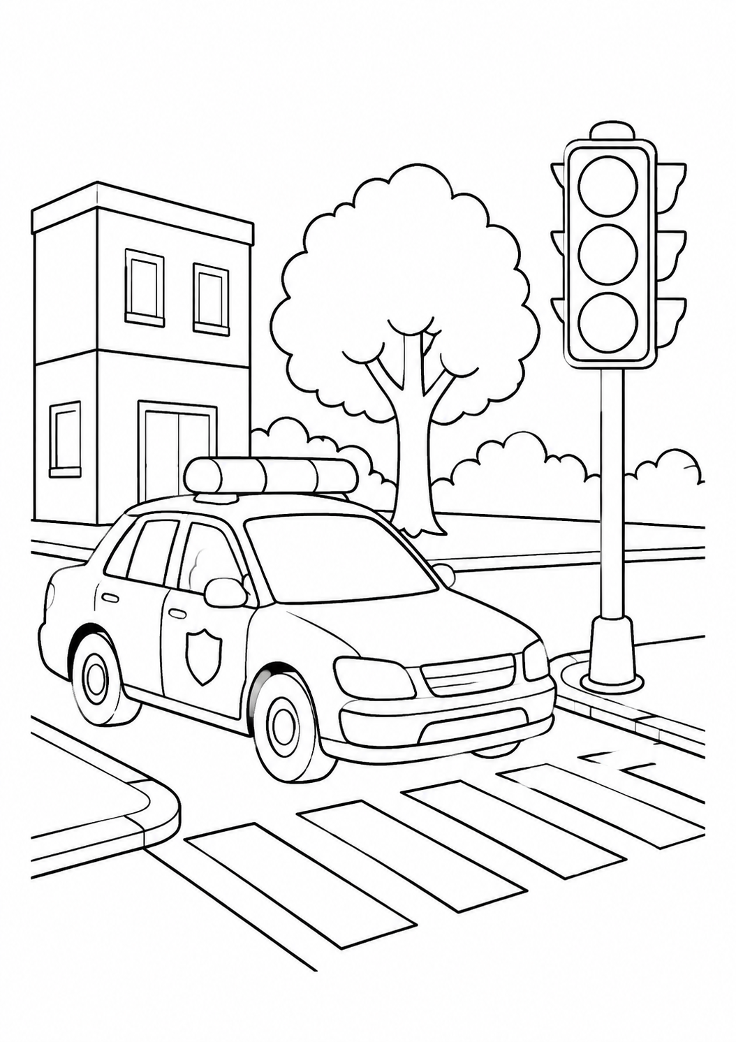 Kleurplaat: politieauto bij een kruispunt.