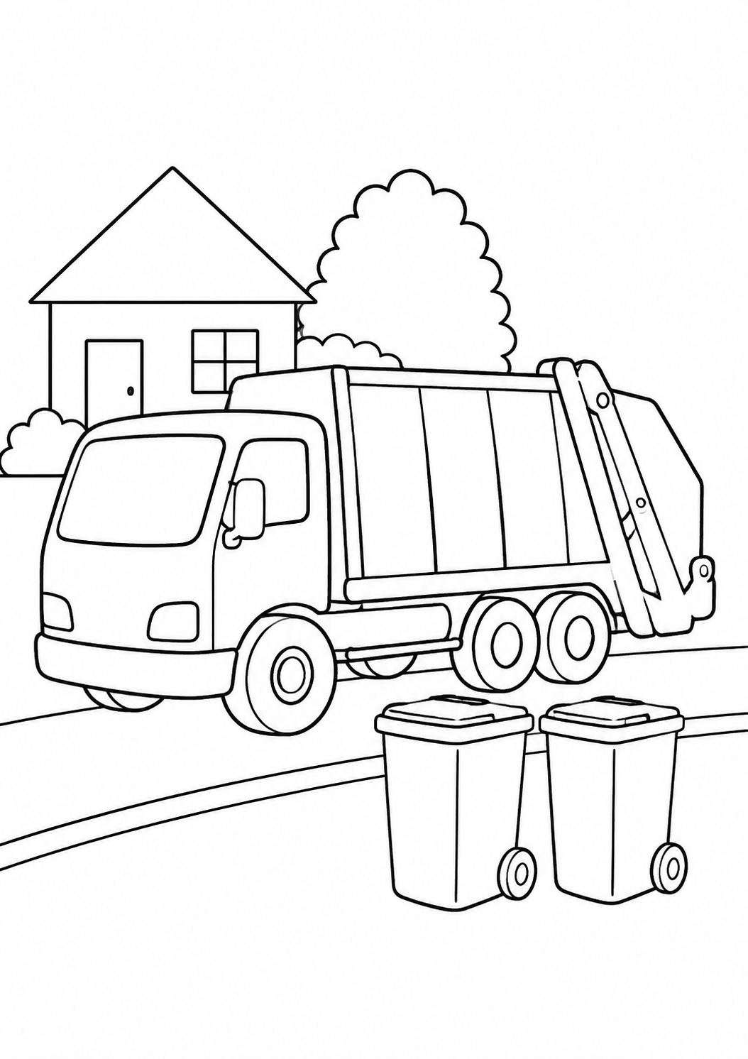 Kleurplaat: vuilniswagen in de straat.